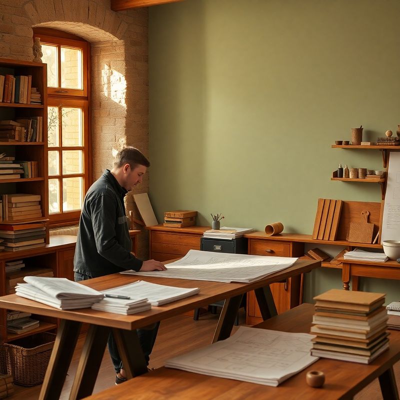 Arhitect studiind planuri la birou într-un atelier cu pereți de piatră