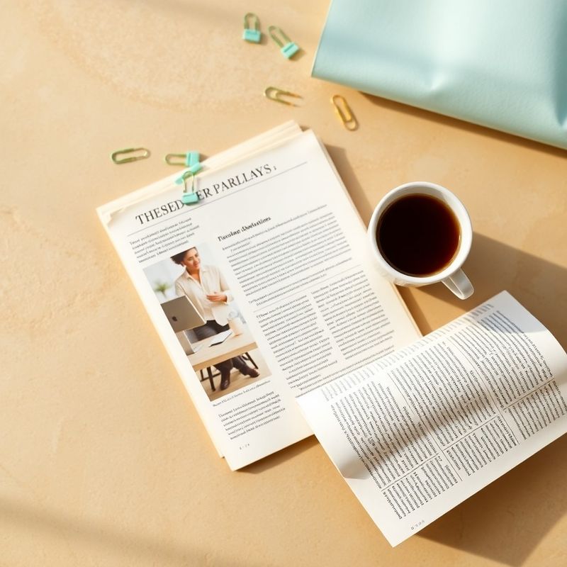 Articole tipărite și o cană de cafea pe un birou de ton piatră