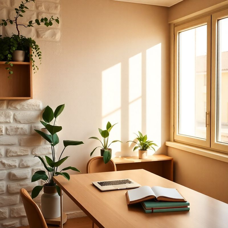 Birou editorial minimalist din Brașov, cu pereți tonuri piatră și plante mentă
